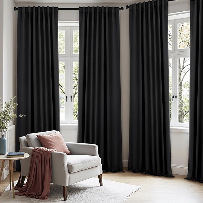 ANRODUO Back Tab Blackout Curtains for Bedroom Living Room, Rod Pocket Pinch Pleated Thermal Insulated Room Darkening Curtains 84 Inches Long 2 Panels, Black, 52 x 84 Inch