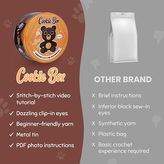 Cookie Box Crochet Kit for Beginners - Learn to Craft Amigurumi Stuffed Animals - Knitting Gift for Kids and Adults - Beginner-Friendly Yarn - Stitch-by-Stitch Video Tutorial - Bear Bruno