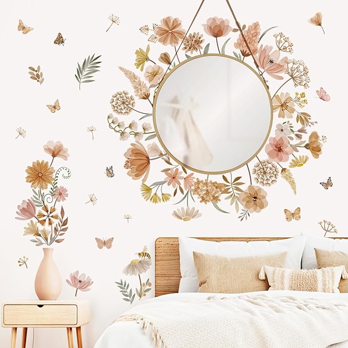 decalmile Boho Flower Wall Decals Wildflower Dandelion Grass Wall Stickers Girls Bedroom Living Room Kitchen Wall Decor