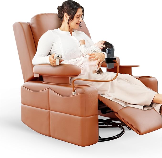 Rocking Chair Nursery with Adjustable Armrests, Electric Glider Recliner Nursing Chair for Breastfeeding, Power Swivel Recliner Chairs with USB Port and Storage, FSC Certified (Mocha)