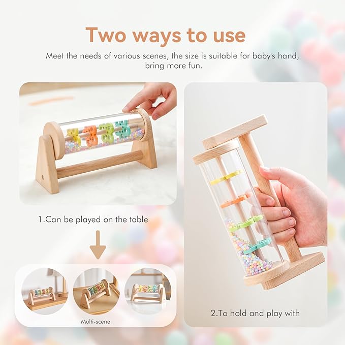 WOODEN TEETHER Wooden Soothing Rain Stick with Handle for 12 Months+ Babies Montessori Musical Baby Rattle Toys Calming Rainmaker for Early Sensory Development & Home Play