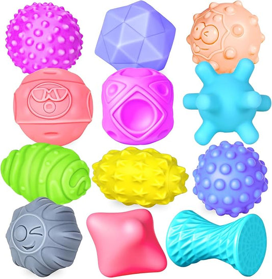 12 Pcs Sensory Balls for Toddlers, Sensory Baby Toys, Montessori Toy for Babies Squeeze, Infant Toys Soft Multi Ball Set Gifts with Bright Color Textured