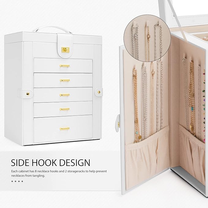 AKOZLIN Large Jewelry Box Organizer Functional with Big Mirror, Leather Jewelry Storage Case for Women Girls Ring Necklace Earring Bracelet Holder Organizer White