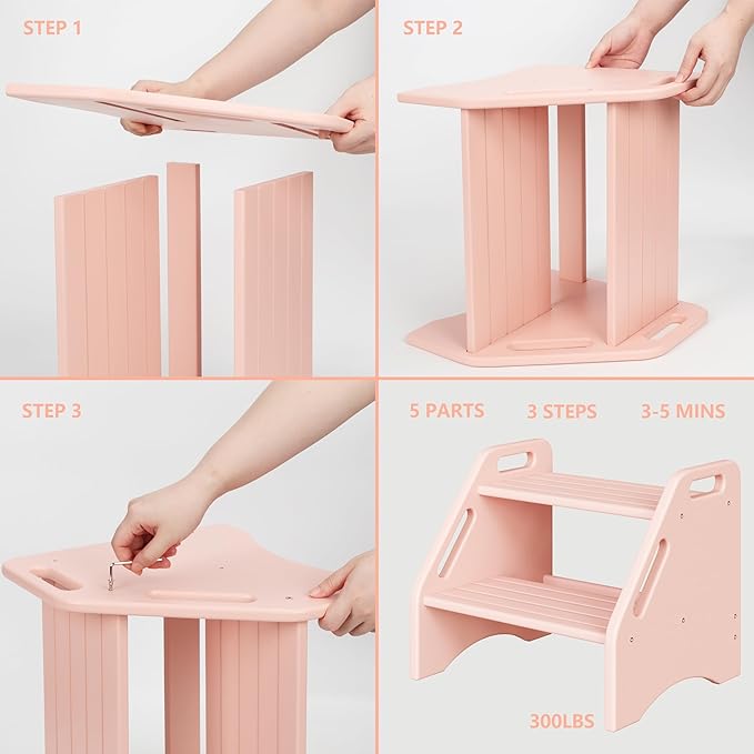 AMBIRD Wooden Step Stool, Two Step Stools Toddler 300 lbs Capacity with Safety Non-Slip Pads and Handles, Bamboo Step Stool for Bathroom, Kitchen Dual Height Step Stools for Kids (Pink)
