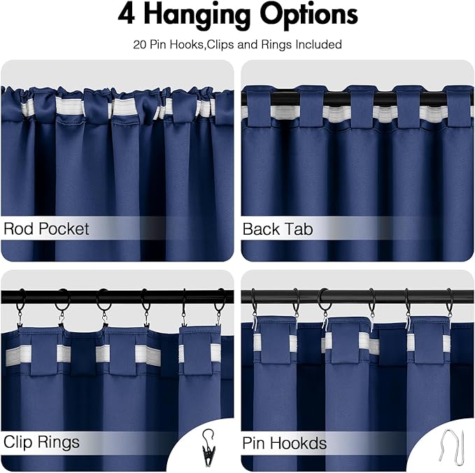 ANRODUO Back Tab Blackout Curtains for Bedroom Living Room, Rod Pocket Pinch Pleated Thermal Insulated Room Darkening Curtains 54 Inches Long 2 Panels, Navy Blue, 42 x 54 Inch