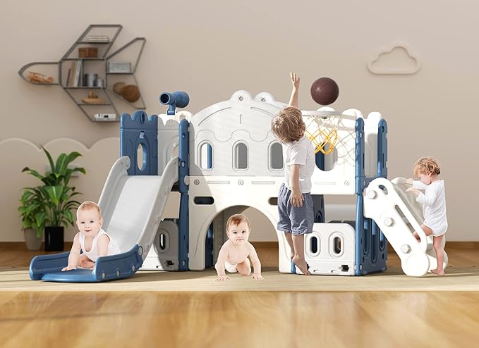 XJD 7 in 1 Toddler Slide Set, Kids Slide for Toddlers Age 1+, Toddler Climber Slide PlaySet with Basketball Hoop and Ball,Outdoor Indoor Playground for Toddlers 1-3 (Blue)
