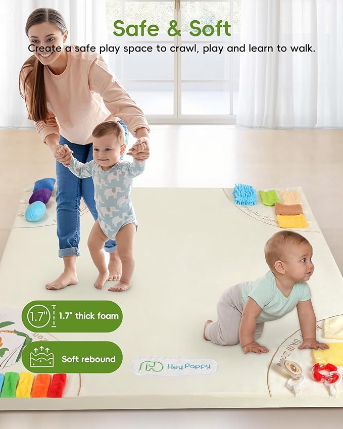 Baby Play Mat, Unique Crawling Mats with 4 Sensory Development Zones for Motor Skills, 50''x50'' Playpen Mats with Non-Slip Cushioned that Fits Nicely Into Any Playroom, Beige