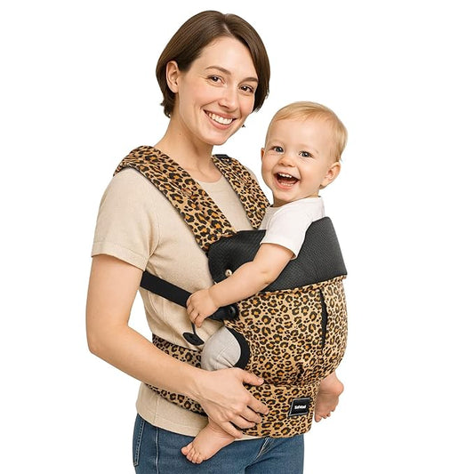 Baby Carrier with Lumbar Support, Cozy Baby Carrier Newborn to Toddler with Adjustable Seat Size, Ergonomic Infant Carrier with 3-Way Carry, Front Facing Toddler Hodler Carrier for Mom & Dad, Leopard