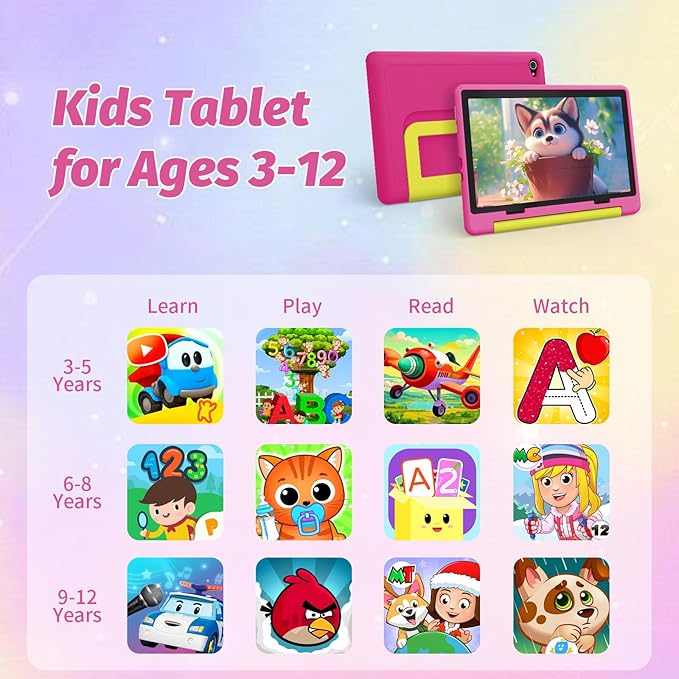 Kids Tablet 10 Inch Android 14 Tablet for Kids Ages 3-12, Octa-Core with Case, Parental Controls,14GB+64GB Storage (TF Expand 1TB), 5G WiFi, BT5.3, Pink