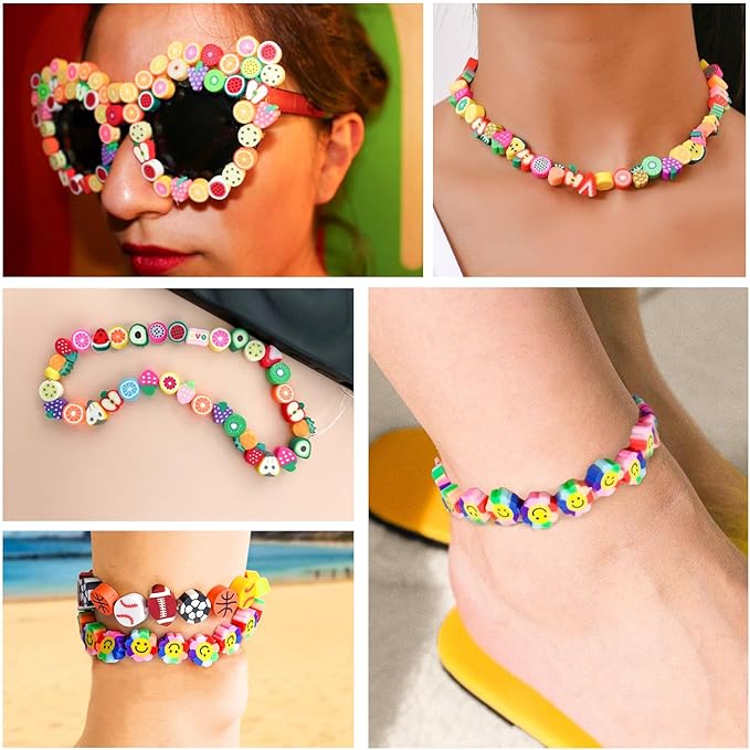 Gionlion 500 Pcs Polymer Clay Beads Bracelet Making Kit，24 Style Animal Fruit Flower Butterfly Bunny Pony Letter Beads Charms for Jewelry Making, DIY Art and Crafts Toys Gifts for 4+ Year Old Kids