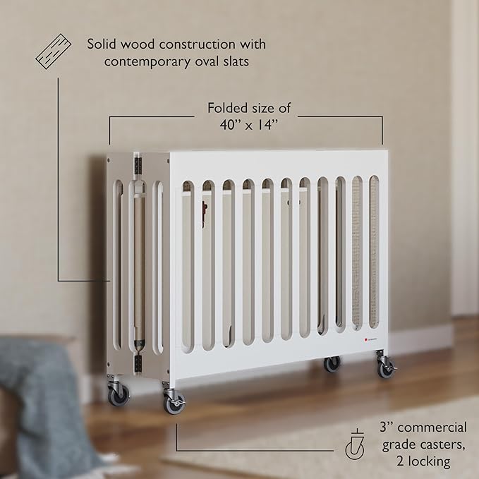 Foundations Boutique Folding Hotel Crib and Sheet Bundle - Includes Wooden Mini Crib with 3" Foam Mattress (White) and 6-Pack White Fitted Compact Sheets