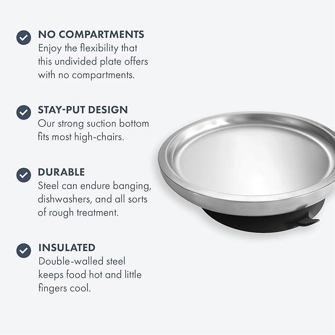 Avanchy Open Baby Plates with Suction – Stainless Steel Divided Plates for Toddlers, BPA-Free, Dishwasher Safe, Unbreakable, Non-Toxic, 100% Silicone Suction – Black