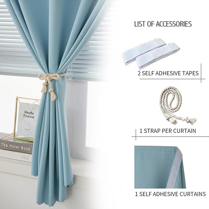 Self Adhesive Curtains, Black Out Shade for Window, Blackout Fabric Temporary Window Coverings Easy to Hang Curtains No Rod Needed, Use for Bedroom, Room, Kitchen, 35" W X 71" L, Lake Blue, 1 Panel