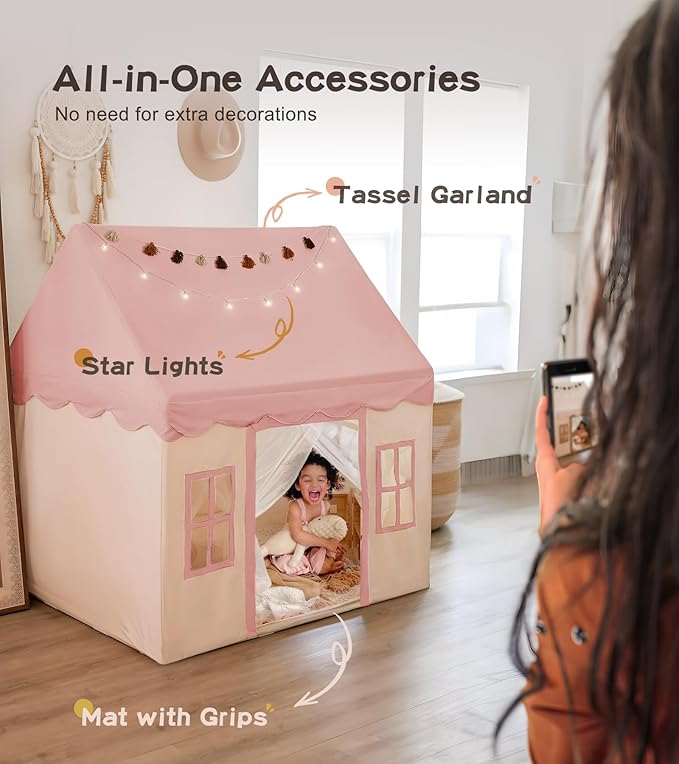 Large Kids Tent with mat, Star Lights, Tissue Garland, Play Tent Indoor & Outdoor, Kids Play Tent for Girl & Boy Aged 3+, Kids Tent for Toddler, 52" x35" x 52" Play House with Windows, Washable, Pink
