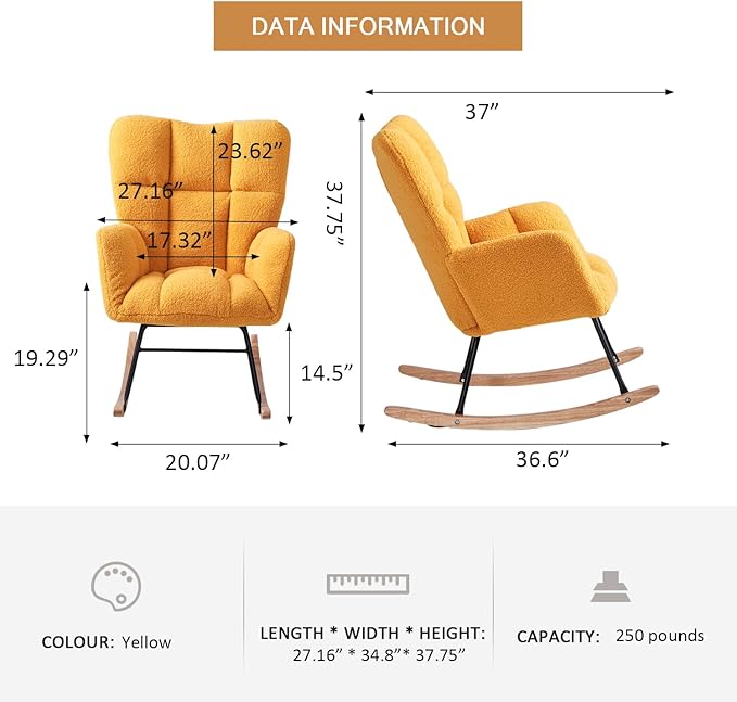 Nursery Rocking Chair, Teddy Upholstered Glider Rocker with High Backrest Armchair, Modern Rocking Accent Chairs for Nursery, Living Room, Bedroom, Offices (Yellow)