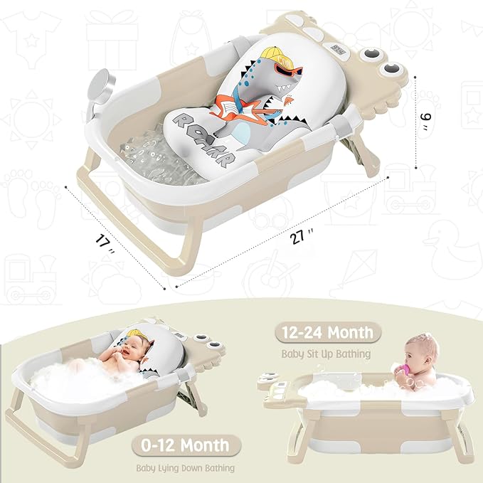 TPN Collapsible Baby Bathtub, Baby Bath Tub with Soft Cushion & Real-Time Thermometer, Baby Bathtub Infant to Toddler Tub (0-36 Months), Portable Newborn Travel Bath tub