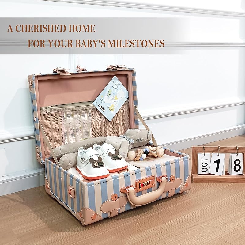 Unitravel Baby Keepsake Case, 16" Handmade Memory Storage Box, Newborn Keepsake Box, Vintage Suitcase for Baby Shower, Baptism, Naming Ceremony or Birthday (blue strip)