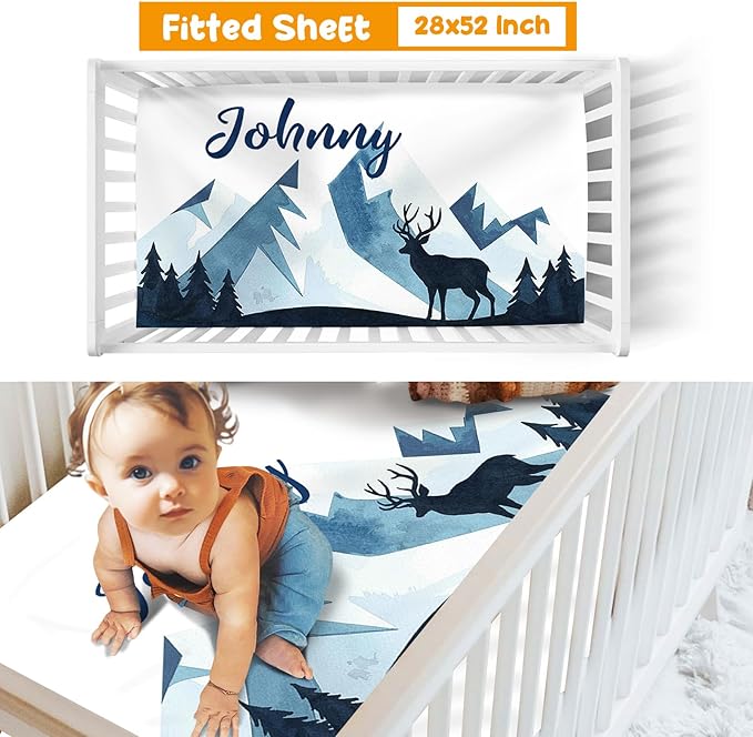 Custom Crib Bedding Set - Woodland Animals Design Personalized Name Baby Nursery Bed 3 Pcs Set - Chic Soft Blanket with Dotted Backing, Sheet, Pillowcase for Newborn Girls Boys Gifts Color10
