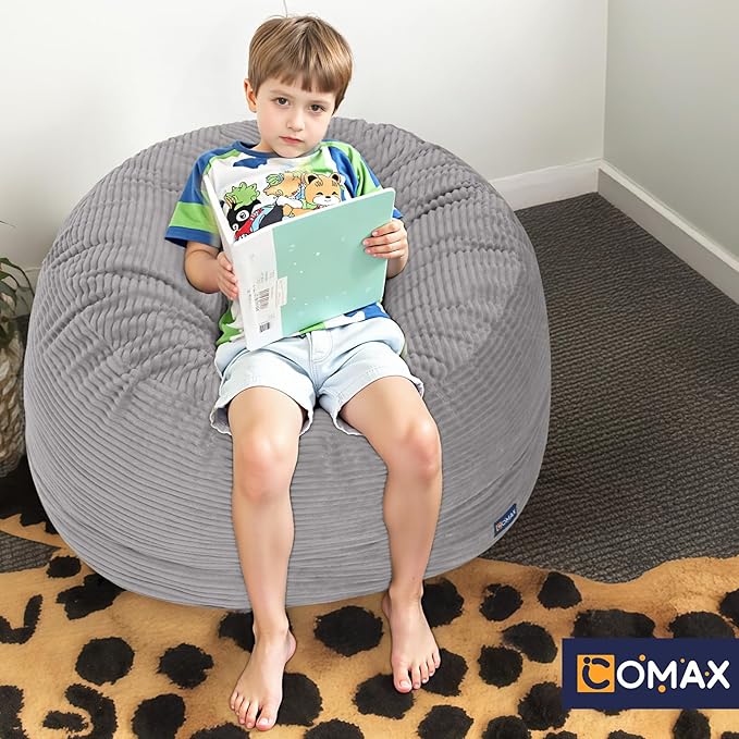 COMAX Kids Bean Bag Chair Turn into Beanbag Bed, Toddler Bean Chair Corduroy for Girl Boy Sleeping, Lazy Children Bean Bags with Filler, Convertible Child Floor Mattress, Light Grey
