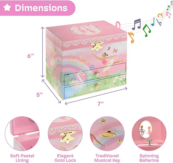 Jewelkeeper Jewelry Box for Girls - Spinning Ballerina Doll to Swan Lake Tune Music Box - Pink Jewelry Boxes for Girls with 2 Drawers - Ideal for Storing Necklaces and Bracelets - 7Lx5Hx6W Inches