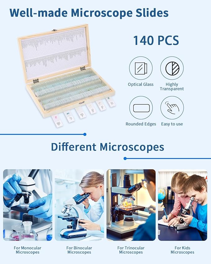 140-Pcs Microscope Slides with Specimens,Pre-Made Glass Slides with Specimens,Educational Microscope Slides and Covers for Young Scientists,Perfect for Biology Class and Experiments