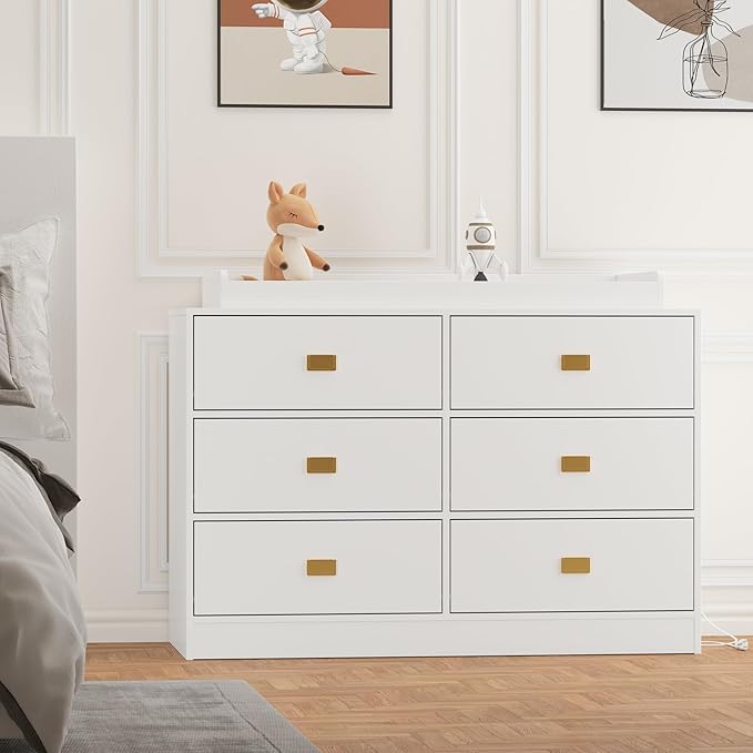 Dresser for Bedroom with 6 Drawers, Changing Table Dresser with Power Outlets, Soft Changing Pad & Removable Top, Baby Dresser with Changing Table Top for Nursery, White
