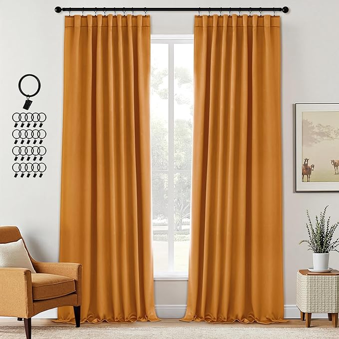 ANRODUO Back Tab Blackout Curtains for Bedroom Living Room, Rod Pocket Pinch Pleated Thermal Insulated Room Darkening Curtains 96 Inches Long 2 Panels, Mustard Yellow, 42 x 96 Inch