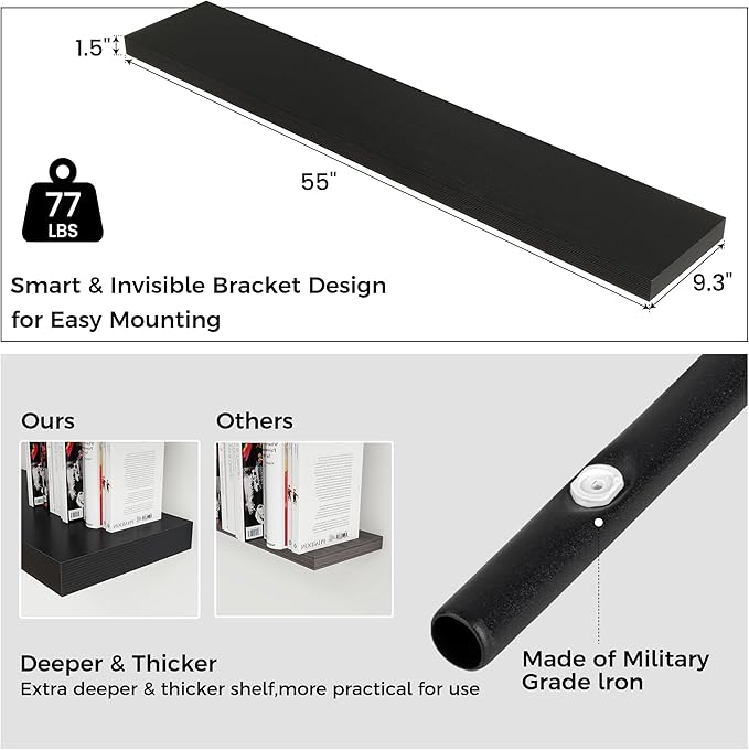 Floating Shelves for Wall, Large Wall Mounted Shelves with Invisible Brackets, Long Wood Floating Shelf Shelves for Living Room, Bedroom, Kitchen, (Black, 55" W x 9" D x 1.5" H)