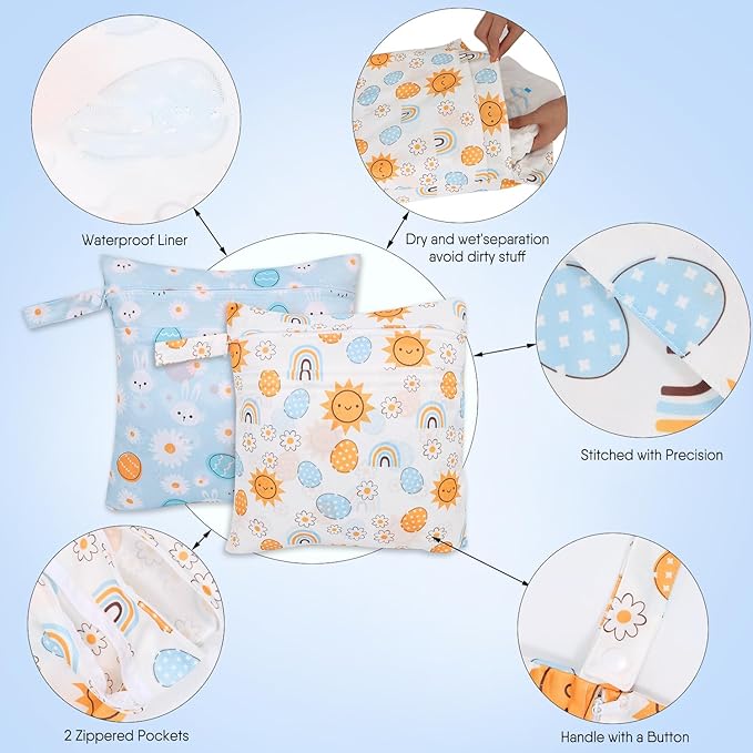 2pcs Cloth Diaper Wet Dry Bags, Waterproof Reusable Wet Bag with 2 Zipper Pockets & Handle, Washable Laundry Bags for Baby Adult Clothes Travel Beach Pool Daycare Yoga Gym Exercise Swimsuits,