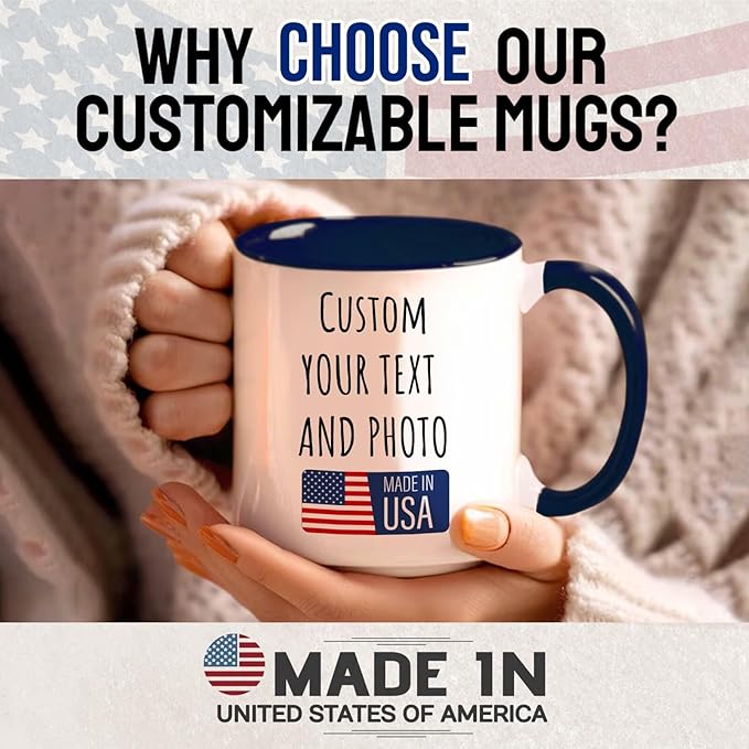 Ship Next Day Custom Mug Design Your Own Photo Text Personalized Picture Gifts for Women Men Customized Gifts Idea Personalized Coffee Mugs 15oz Dark Blue Handle