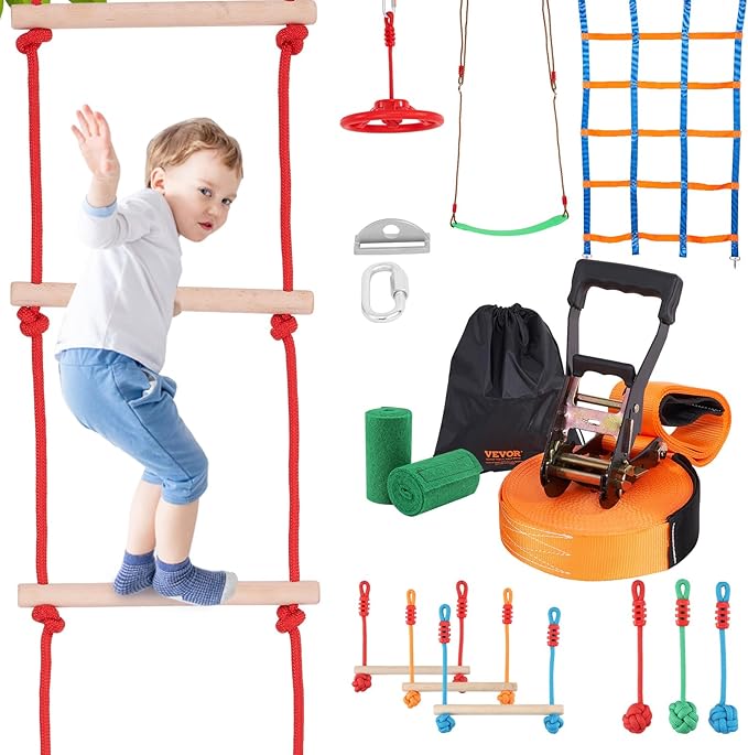 VEVOR Ninja Warrior Obstacle Course for Kids, 1 x 50 ft Weatherproof Slacklines, 500lbs Weight Capacity Monkey Line, Outdoor Playset Equipment, Backyard Toys Training Equipment Set with 10 Obstacles
