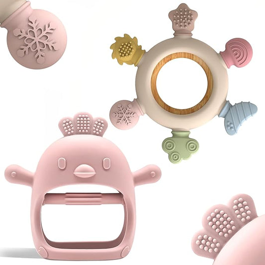 2 Pack Baby Teething Toys for 0-6 & 6-12 Months, Food Grade Silicone Teething Mitten No Drop Teether and Ring Teether, BPA Free, One-Piece, CPC Certified Baby Chew Toys for Sucking Needs