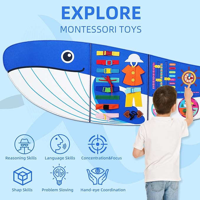 Whale Busy Board Montessori Busy Board, Sensory Toys Toddler Toys Sensory Wall Activity for Toddler- Preschool Learning Panel Center for Kids 3+ Year Old Boys Gifts Girls Gifts(Birthday Christmas) ﻿