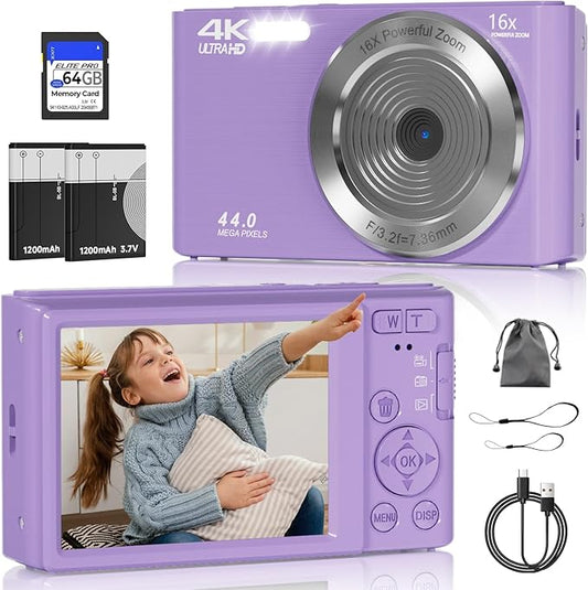 Digital Camera, FHD 4K 44MP Digital Camera, 16X Digital Zoom, Digital Point and Shoot Camera with 3-LED Fill Lights, 64GB SD Card, Compact Camera for Kids Teen Boys Girls, Purple