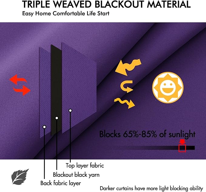 ANRODUO Back Tab Blackout Curtains for Bedroom Living Room, Rod Pocket Pinch Pleated Thermal Insulated Room Darkening Curtains 96 Inches Long 2 Panels, Purple, 42 x 96 Inch