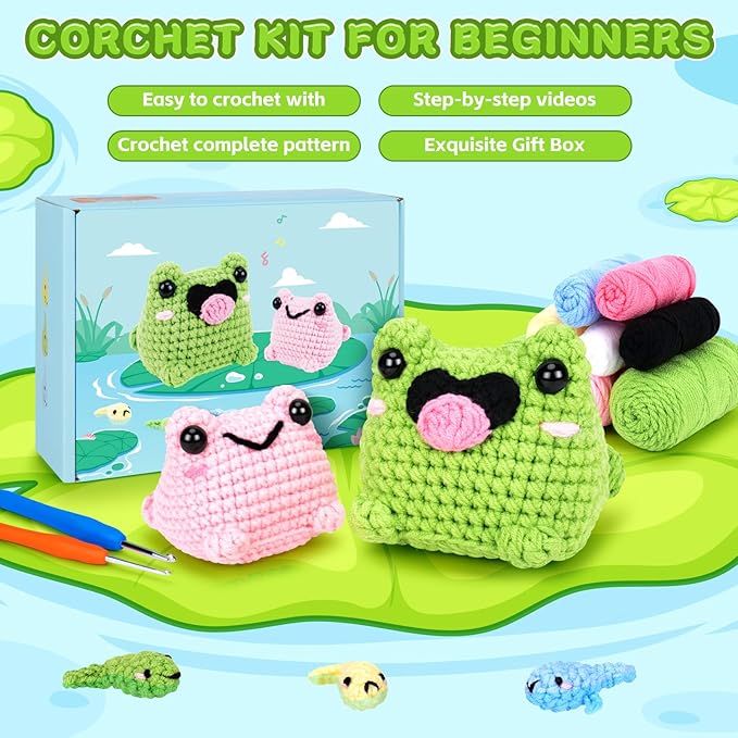 Crochet Kit for Beginners - Frog Family Crochet Kits with Step-by-Step Video Tutorials, Beginner Crochet Kit for Adults and Kids, 2 PCS Frogs and 3 PCS Tadpoles Crocheting Set