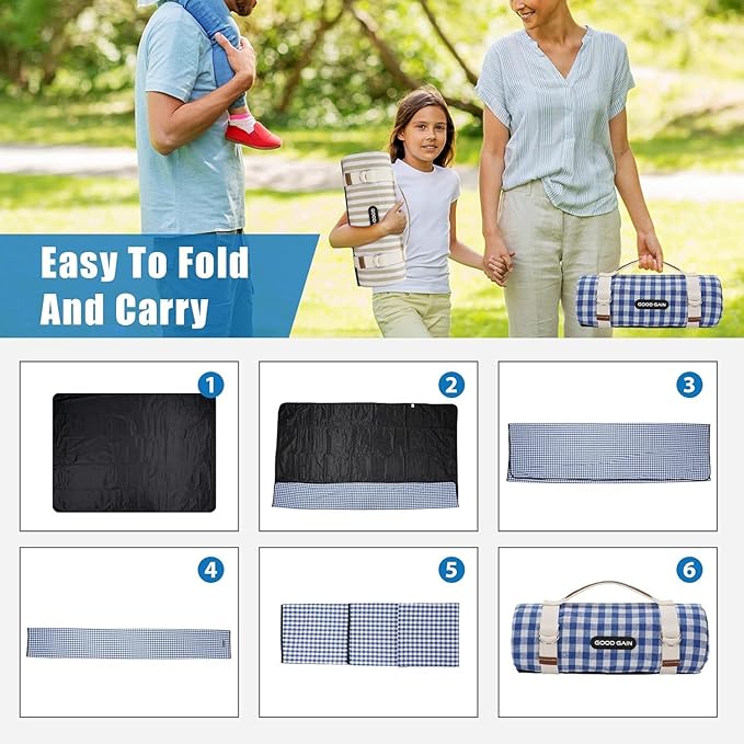 G GOOD GAIN Picnic Outdoor Blankets Waterproof Large - Beach Mat Sand Free Foldable with Carry Strap | Portable Camping Blanket | Park Blanket for Grass Park, Hiking, Travel, Concerts, Indoor (Blue)