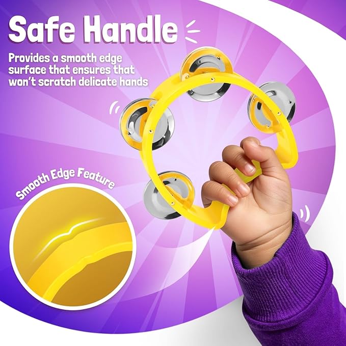 Flexzion Half Moon Musical Tambourine Set of 4, Red Yellow Blue Green, Double Row Metal Jingles Hand Held Percussion Drum with Ergonomic Handle Grip