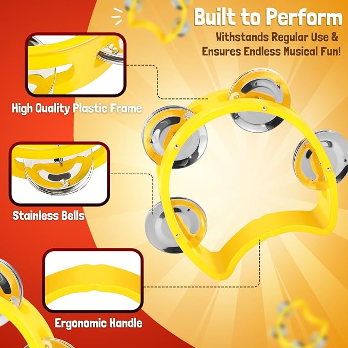 Flexzion Tambourine Hand Bell Percussion Musical Instruments Set of 2 Pack (Red /Yellow), Plastic Music Instrument Half Moon Mini D Handheld Shaker with 4 Pairs Jingle Bells