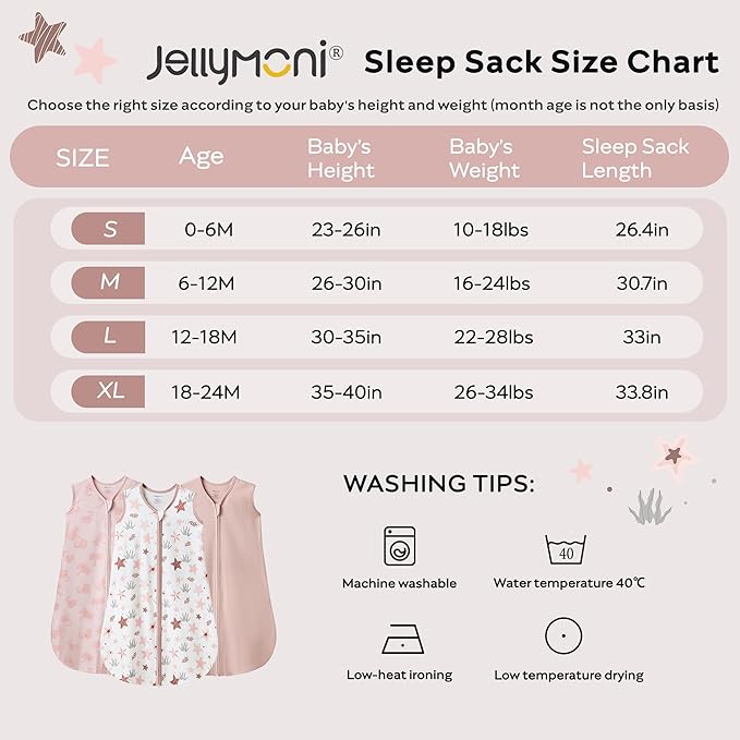 JELLYMONI Baby Sleep Sack 12-18 Months 0.5 Tog Wearable Blanket for Baby, 100% Cotton 3 Pack Infant Toddler Sleeping Sack Lightweight Soft 2-Way Zipper Sleepsack