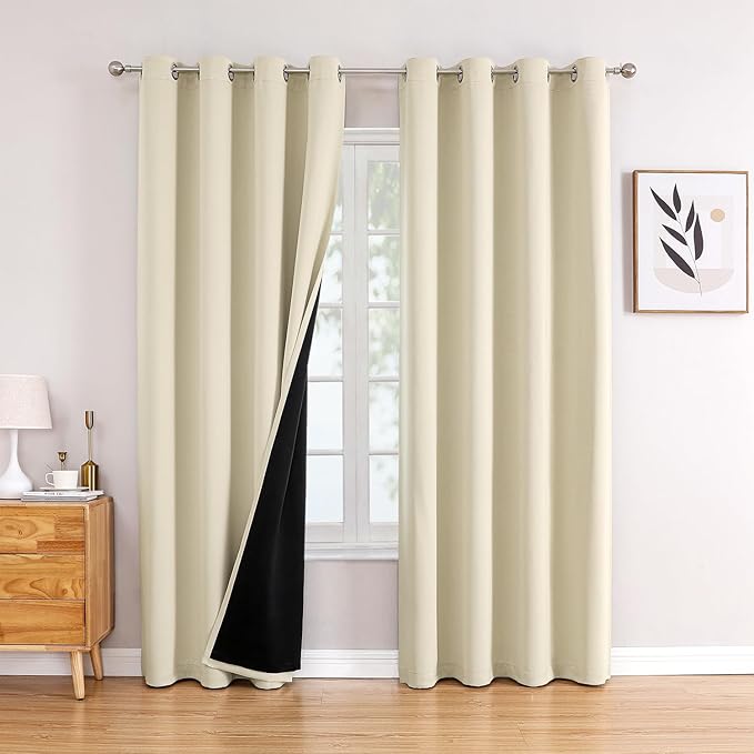 ChrisDowa 100% Blackout Curtains 80 inch Long for Bedroom with Black Liner, 2 Thick Layers Total Blackout Thermal Insulated Grommet Window Curtains 2 Panels Set (Light Beige, 52 x 80 Inch)