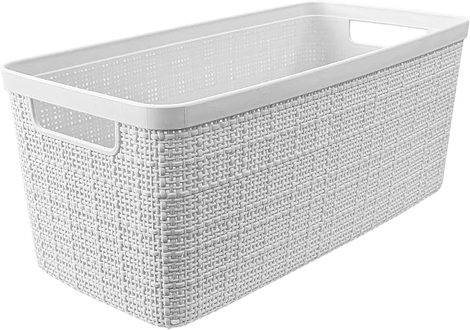 Curver Jute Decorative Plastic Organization and Storage Basket Perfect Bins for Home Office, Closet Shelves, Kitchen Pantry and All Bedroom Essentials, Slim, White, Set of 8