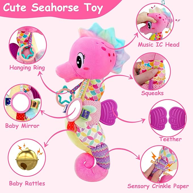 Baby Sensory Toys 0-6 3-6 Months Musical Stuffed Animal Plush Pink Seahorse for Infant 6-12 Month Tummy Time with Baby Mirror Newborn Crinkle Developmental Toy Girls Boys Birthday Gifts 0-3 4 5 Month