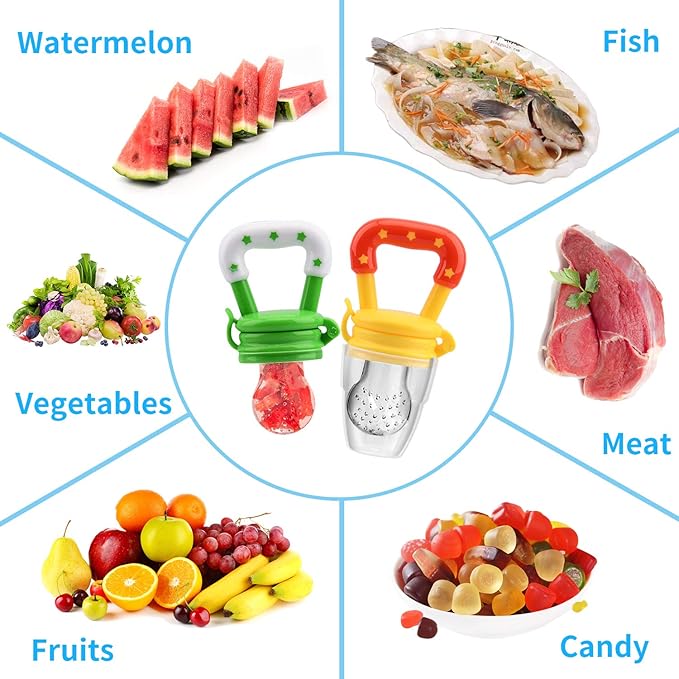 Food Feeder Baby Fruit Pacifier (3 Pcs) with 6 Different Sized Silicone Pacifiers 2 PCS Dispensing Spoon 90ML Spoons Clip Infant Teething Feeders -Blue