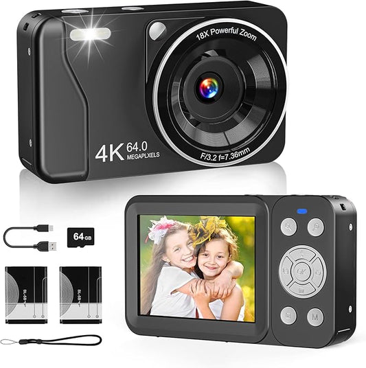 Digital Camera, 4K 64MP, 18X Zoom, Point and Shoot Digital Camera with 64GB TF Card & 2 Batteries, Portable Rechargeable Small Camera for Kids Teens Adult, Black