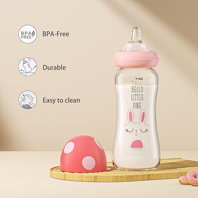 YOHKOH Natural Glass Baby Bottle with Natural Response Nipple, Newborn Anti-Colic Baby Bottles, Wide Neck Mushroom Cap Baby Bottle, Clear (8.8ounce (Pack of 4), Multicolour1)