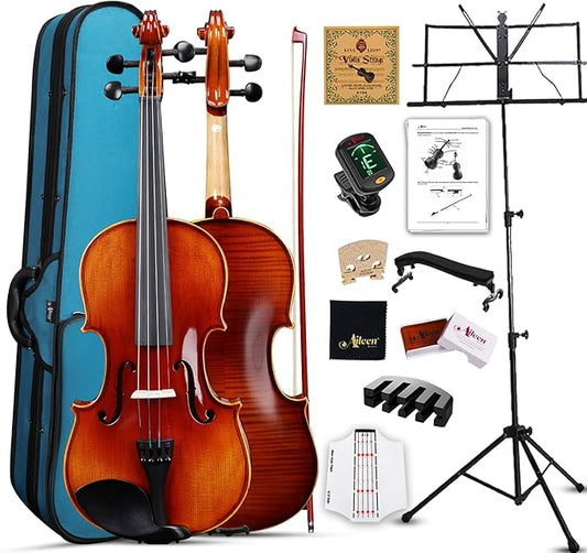 Aileen Solid Wood Violin 4/4 Full Size for Adults and Kids Age 12+, Fiddle Set for Beginners Student, Professional Violin Starter Kit with 12 Accessories (Selected European Solid Spruce and Maple)