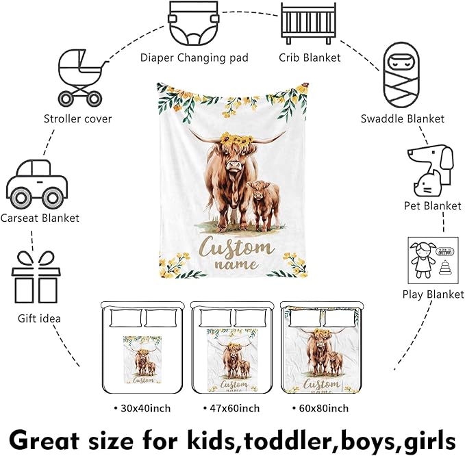 Custom Nursery Crib Bedding Set: Personalized Name 4 Piece Yellow Highland Cattle Design Baby Crib Sets for Girls - Toddler Double Layer Blanket Set, Comfortable Crib Bed Sheets for Baby Toddlers