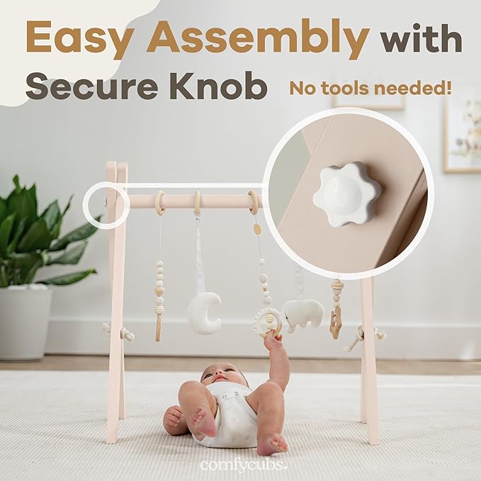Comfy Cubs Wooden Baby Play Gym - Natural Finish Pinewood Baby Activity Gym with 5 Sensory Hanging Toys - Easy No-Tool Assembly, Safe and Durable for Infant Motor and Visual Development - Blush