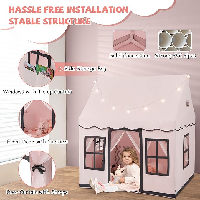 INFANS Kids Play Tent with Washable Mat Star Light Windows, Anti-Trip Large Playhouse Toys for Children Boys Girls, Indoor Outdoor Princess Tents Castle for Toddlers (Pink)